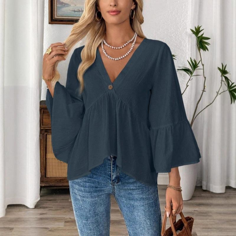 Spring Summer V-neck Elegant Loose Ruffled Women Blouse Half Sleeve Simple Casual Blouse Female New Solid Color Lotus Leaf Tops Office Sweet Clothing