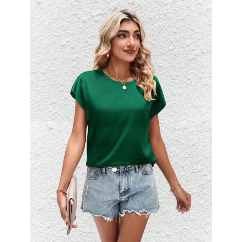 Summer Women's Round Neck Solid Color Casual Top with Batwing Sleeves and Satin Imitation Silk Short Sleeved Blouses & Shirts