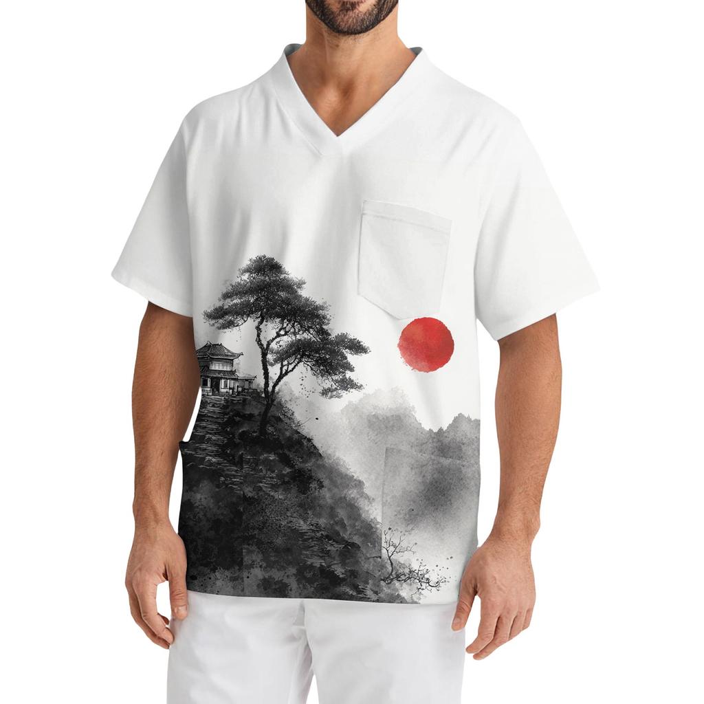 Men's Casual Short-Sleeved V-Neck Printed Front Pocket Top
