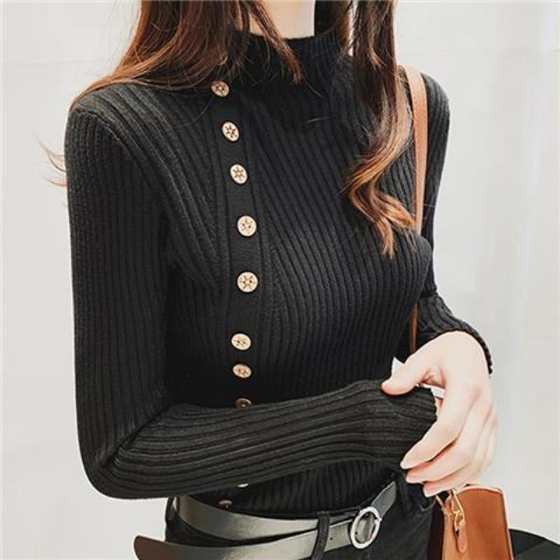 New interior style slim fit and fashionable half high collar long sleeved sweater knitted base pullover women's chic top