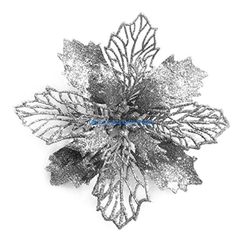 090D 11cm Christmas Glitter Poinsettia Flower Decorative Xmas Tree Flowers for Wreath