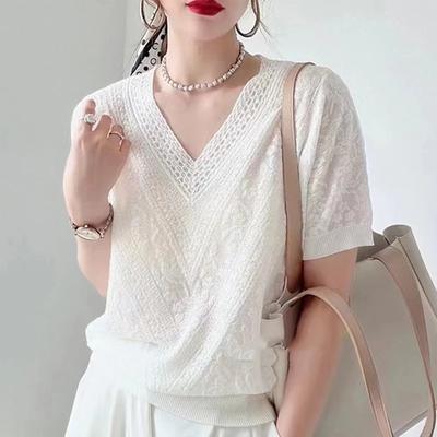 Elegant V-neck Short Sleeve Shirt Summer Ice Silk Lace Blouse Sweater Women Casual Hollow Out Tops Lady Loose T-shirt 26294