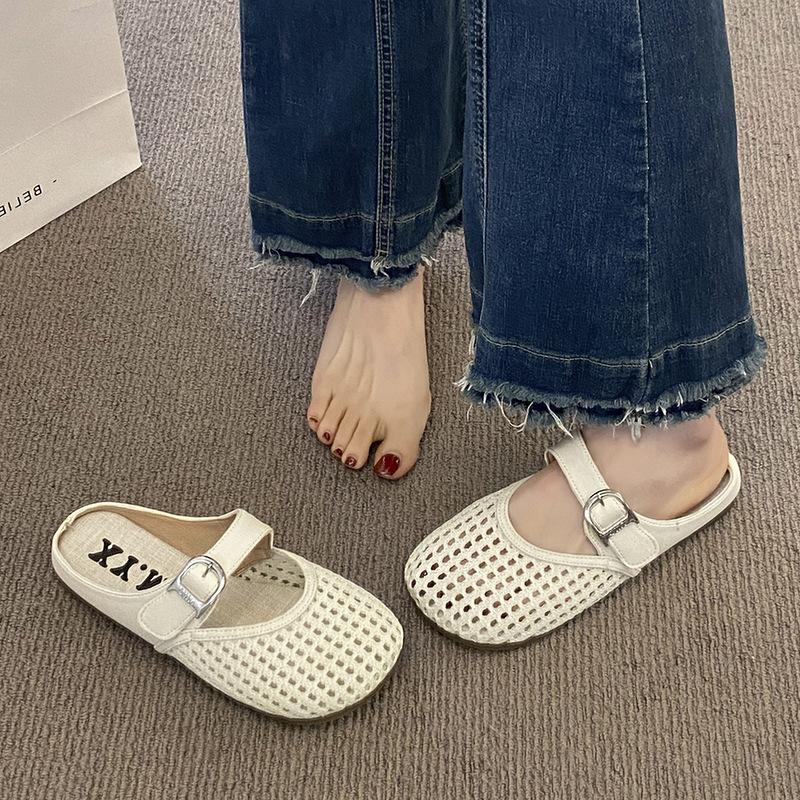 Internet Celebrity Hollow with Skirt Bag Head Slippers 2025 Summer New Popular Flat Bottom Mesh Half Drag Ins Breathable Sandals