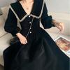 New Autumn Black Peter Pan Collar Dress Women's French High-end Elegant Long Dress Waist-cinching Slimming Audrey Hepburn Style Dress