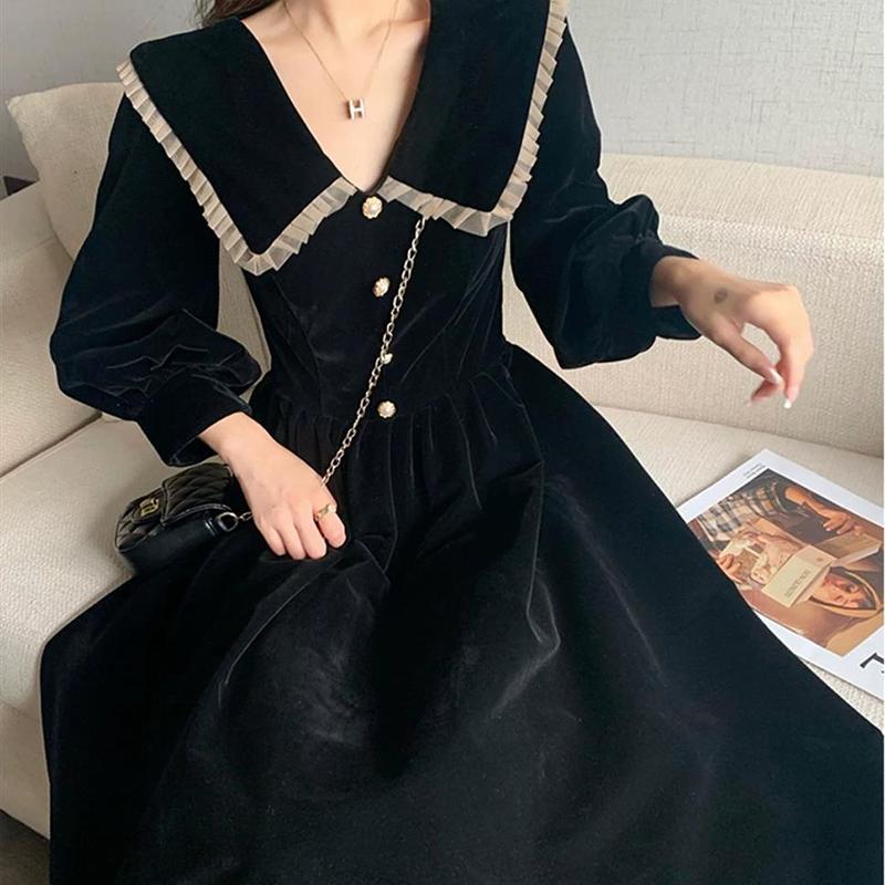 New Autumn Black Peter Pan Collar Dress Women's French High-end Elegant Long Dress Waist-cinching Slimming Audrey Hepburn Style Dress