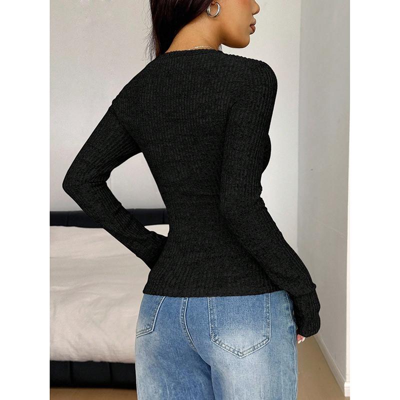 Spring New Women's Slim Fit Long Sleeve Ruffle Collar Base Layer Top Solid T-Shirt V-neck Button
