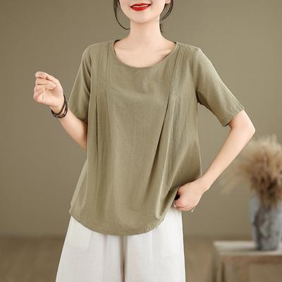 Blusa feminina de manga curta, de algodão retrô, de linho, solta, casual, gola redonda, verão, cor sólida, versátil, camiseta de linho, blusas e camisas