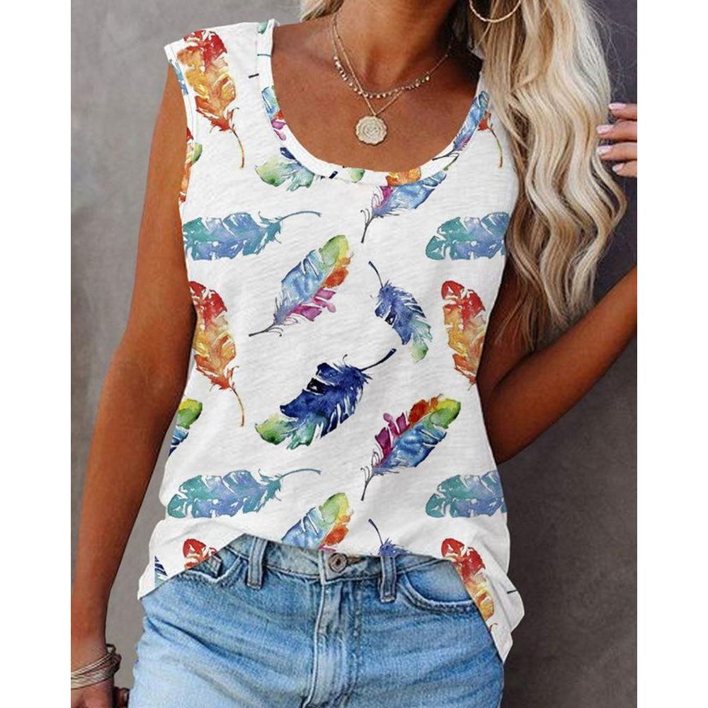 2024 Women Summer Suspenders T Shirts Tie Dye Feather Printed Tank Tops O Neck Sleeveless Tank Tee Ladies Casual Loose Vest