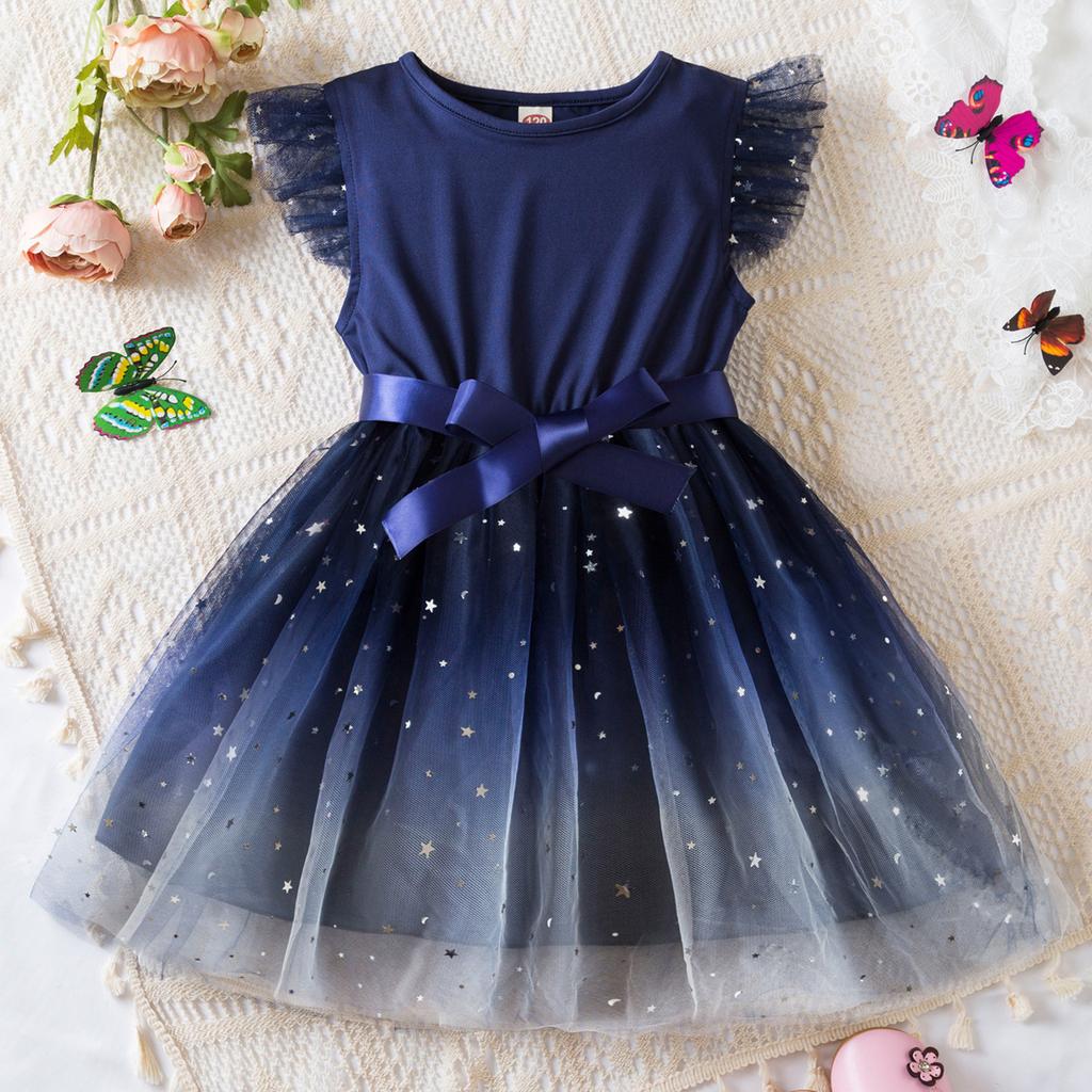 Girls' Fashion Ocean Star Gradient Mesh Children's Short Sleeve Casual Dresses