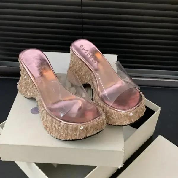 Fashion Slippers Women Summer High-Heeled Shoes Lady Slides Platform On A Wedge Pink Transparent Scandals Pumps Transparent Slippers Wom
