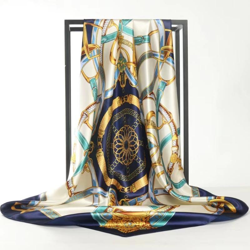 

Носовые платки Шарф из шелка для волос Принт Атлас Большой квадратный Шелковые шарфы Шали для женщин Дизайнерский бренд класса люкс Хиджаб Повязка на голову one size темно-синий