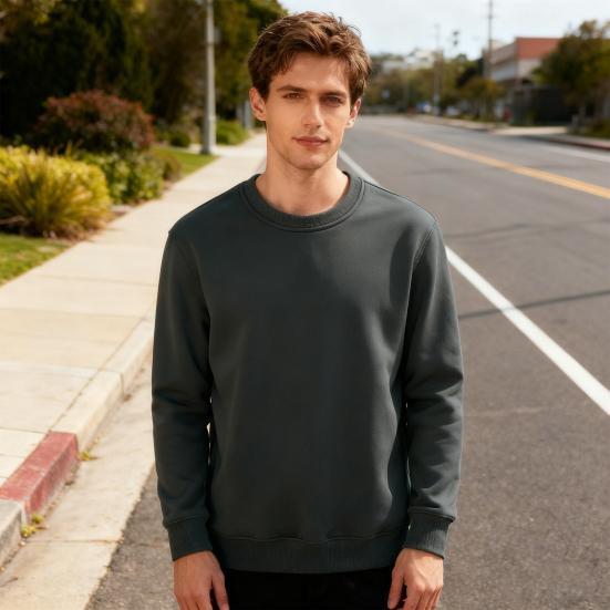 Men Fleece Lined Sweatshirt Long Sleeve Round Neck Thickened Pullover Warm Fall Winter Casual Sweatshirt for Street Work Daily Errands