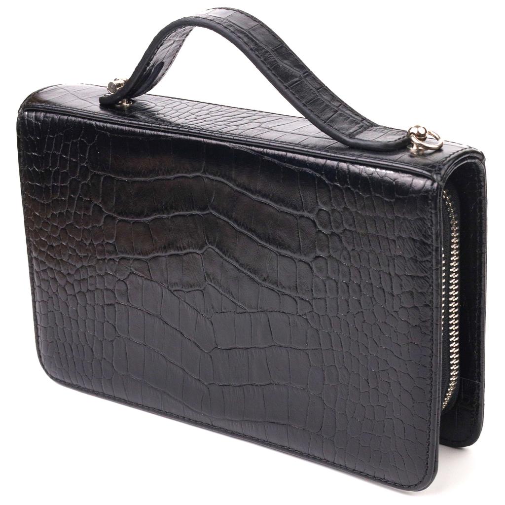 Stylish Men's Purse with Two Compartments Made of Genuine Textured Leather with Crocodile Embossing CANPELLINI 21570 Black