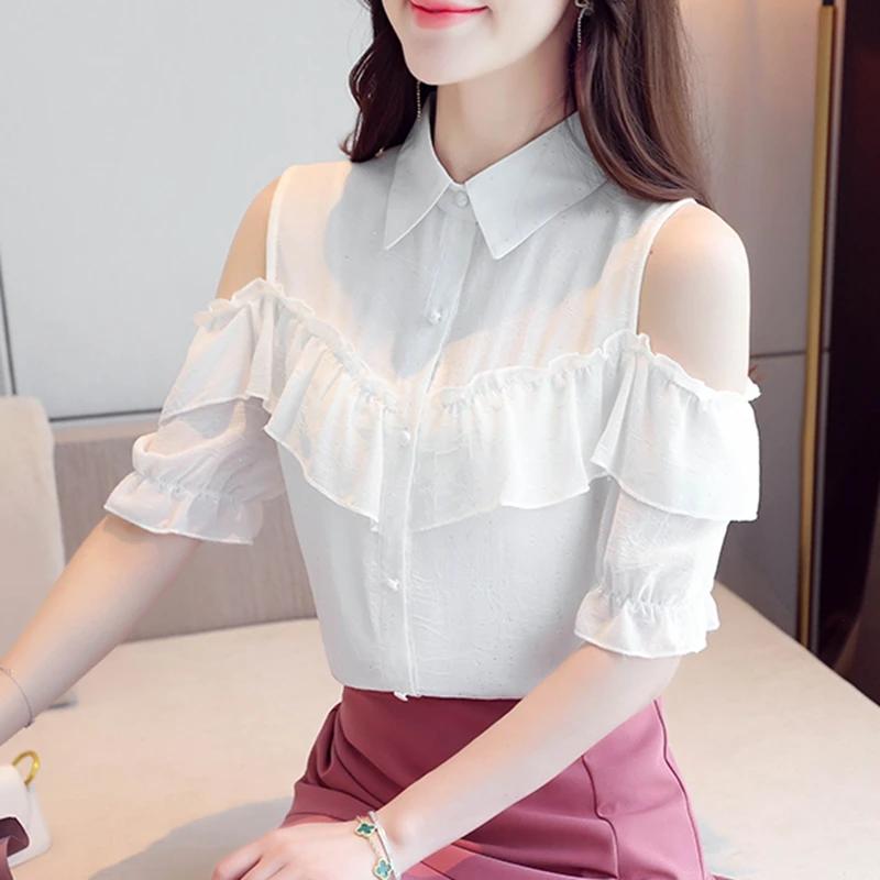Women's Off Shoulder Tops Shirts Summer Korean Clothes Casual Feminina Ruffles Sexy Chiffon Blouses