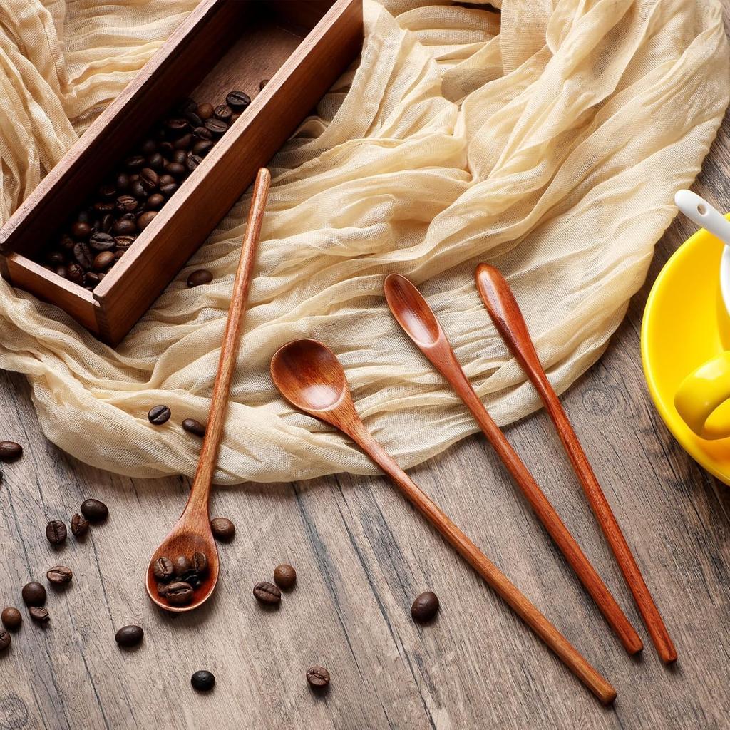 4 Pcs Small Wooden Spoon, Wooden Coffee Spoon, Long Handle Wooden Ice Tea Spoon, Handmade Wooden Mixing Honey Spoon for Team Jam Dessert Honey