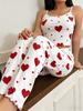 Dames Zomer Casual Hartjespatroon Rode Ruche Camisole + Rode Hartjesprint Lange Broek Pyjamaset