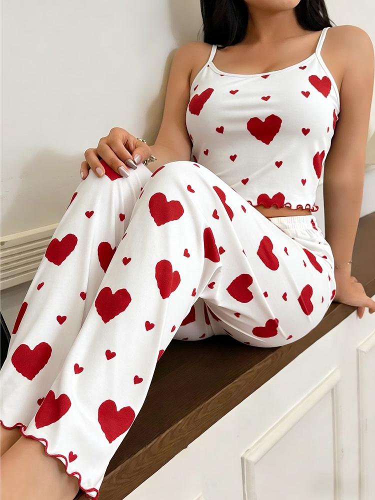 Dames Zomer Casual Hartjespatroon Rode Ruche Camisole + Rode Hartjesprint Lange Broek Pyjamaset