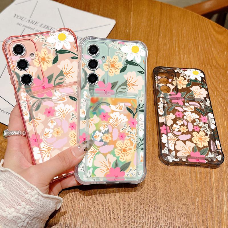 Flower Card Bag Wallet Clear Case For Samsung Galaxy S25 Edge S24 S22 Ultra S23 FE A56 A55 A54 A35 A15 A16 5G Soft  Phone Cover