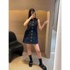 Hong Kong style retro design single-breasted denim vest dress women's fashion temperament sleeveless slim-fitting short skirt