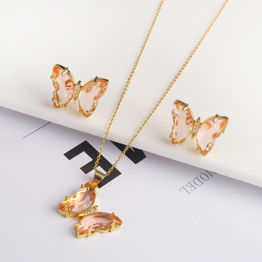2PC Crystal Transparent Butterfly Pendant Necklace Earrings Jewelry Set Women's Luxury Gold Plated High Quality Gift