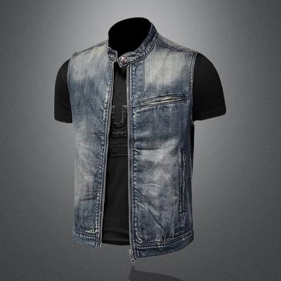 2020+Personality Stand Collar Denim Vest+Simple Retro Fashion Denim Vest Cuff For Men