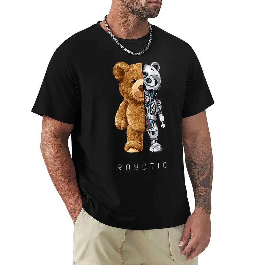 2024 New Funny Teddy Bear, Robot Bear T Shirt Robotic Bear Tshirts Casual Clothes Men Fashion Clothing Cotton T-Shirt Tee Top