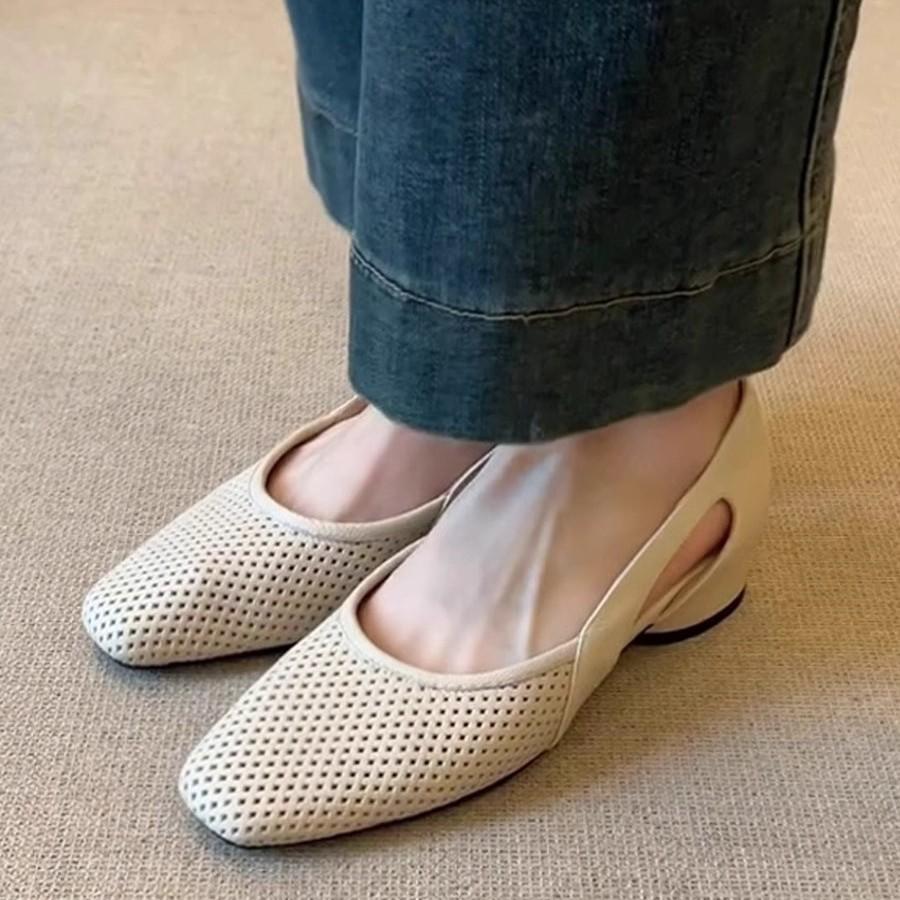 Soft leather version~ French cool single shoes women's square head hollow hole shoes retro shallow mouth hollow breathable Mary Jane shoes