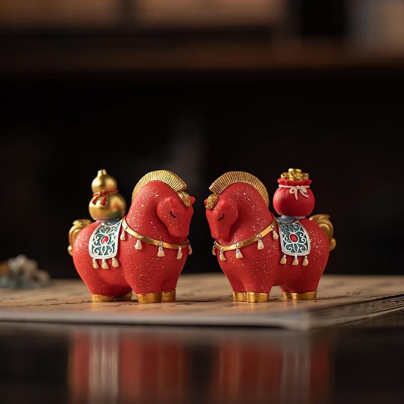 JINGRUIXIANG Guochao Rotating Tang Horse & Yuanbao Wealth Figurine Pair