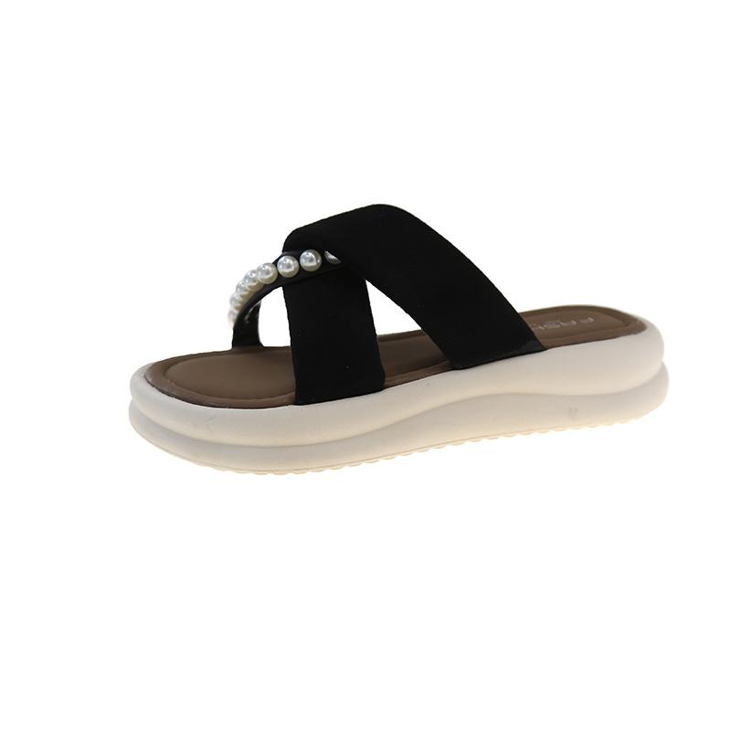 Muffin Platform Slippers Women's New Country Pearl Cross Fashion Outer Wear One Word Skirt Beach Cool Slippers
