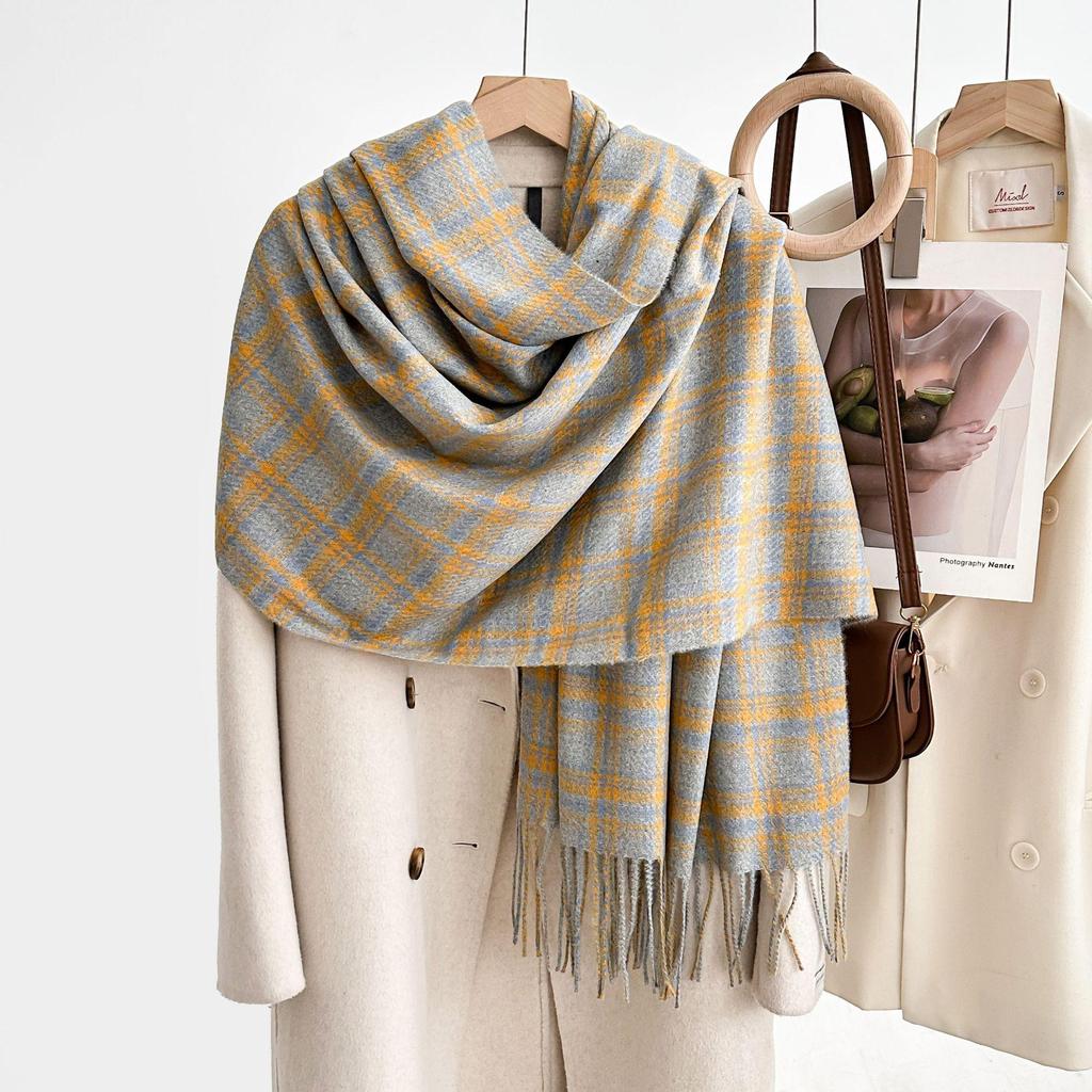 Women's Winter Plaid Imitation Cashmere Tassel Scarf, Thickened Korean Style Neck Warmer