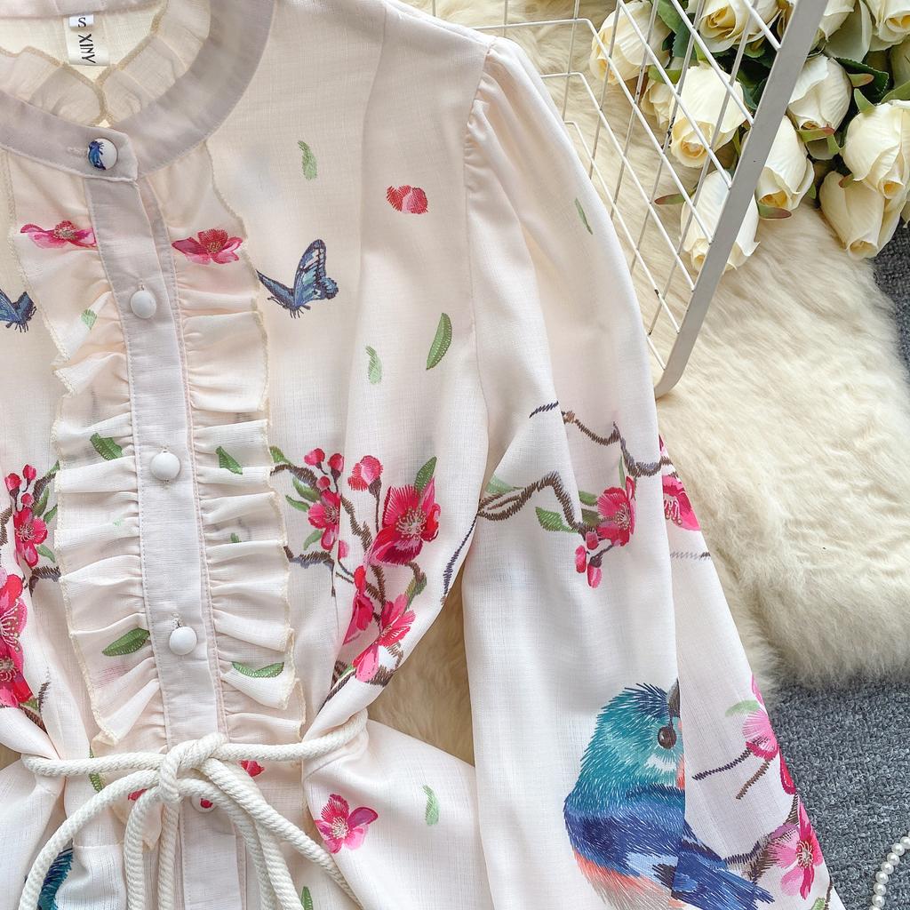 French Chic Retro Vestidos Female Long Sleeve Printed A-line Bodycon Dress Spring Lace-up Pleated Dresses Button Dropshipping
