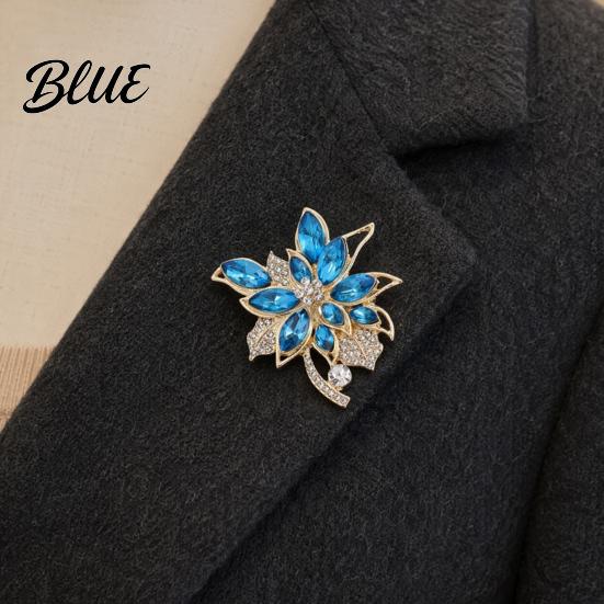 Floral Brooch for Women Pin Women, Three-Dimensional Orchid Shape Lapel with Large Blue Rhinestones, Outfit Badge Dresses Coats Scarves Banquets