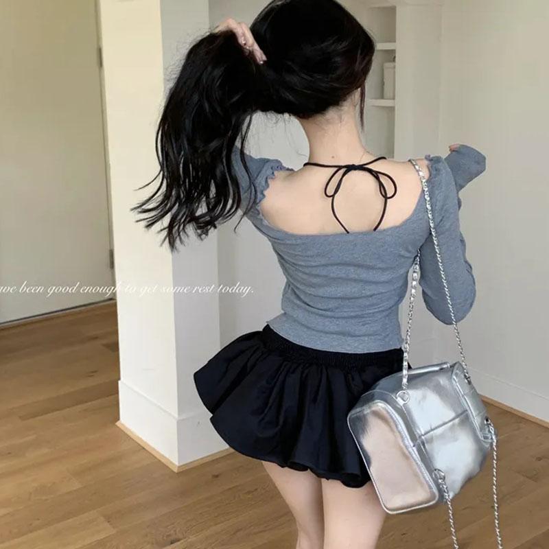 Pure Desire Irregular Grey Long Sleeve Top Tank Strap Design Women's Short Two-piece Set Slim American Spicy Girl Korean Fashion