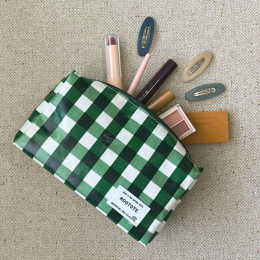[Rootote] Rectangular Cosmetic Pouch, Laminated To-Q 1031 (01 Check Green)