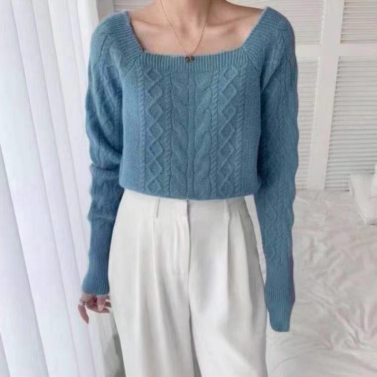 Hirsionsan Jednoduché pulovry s pevnou základnou Dámské Volné Sladký Elegantní Měkký svetr Ženy Ležérní Pletený svetr s čtvercovým výstřihem Dlouhý rukáv