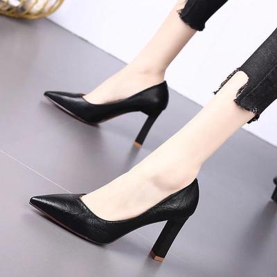 Spring and Autumn New Pointed High Heels Thick Heel Light Mouth Fashion Versatile Professional Temperament Four Seasons Black Single Shoes Women