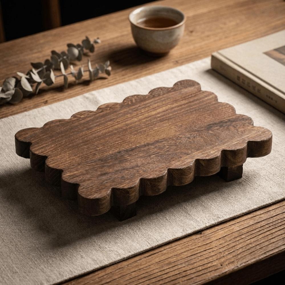 Scalloped Edge Wooden Storage Tray Solid Wooden Decorative Pedestal  Kitchen Display