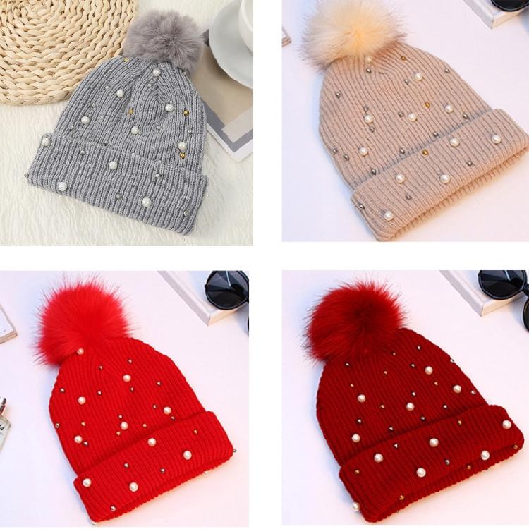 Solid Color Pearl Pompom Wool Hat Knitted Hat Beanie Hat Thicken Stretchable