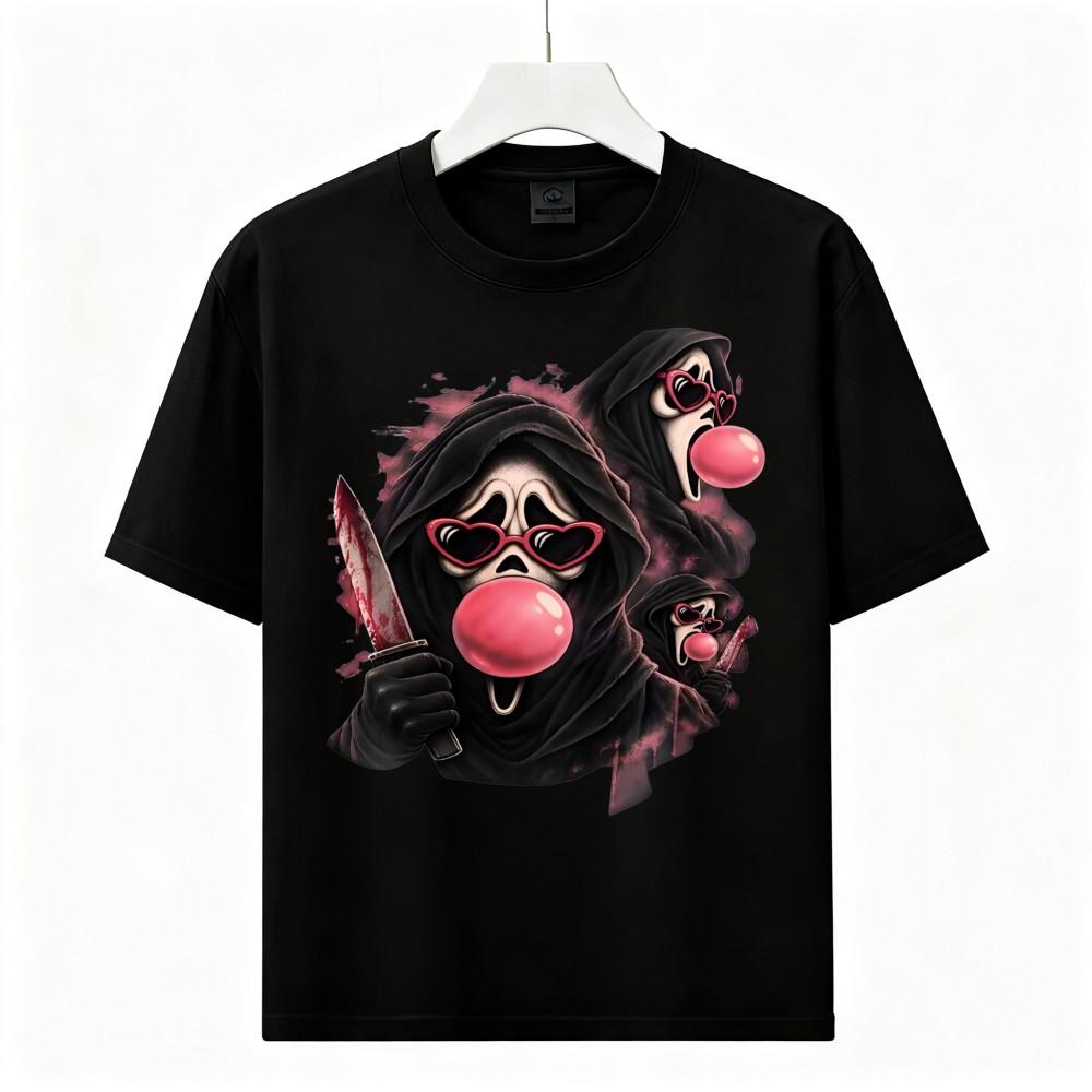 Funny Spooky Ghost Bubble Gum Print Tee Unisex Gothic Street Casual T-Shirt