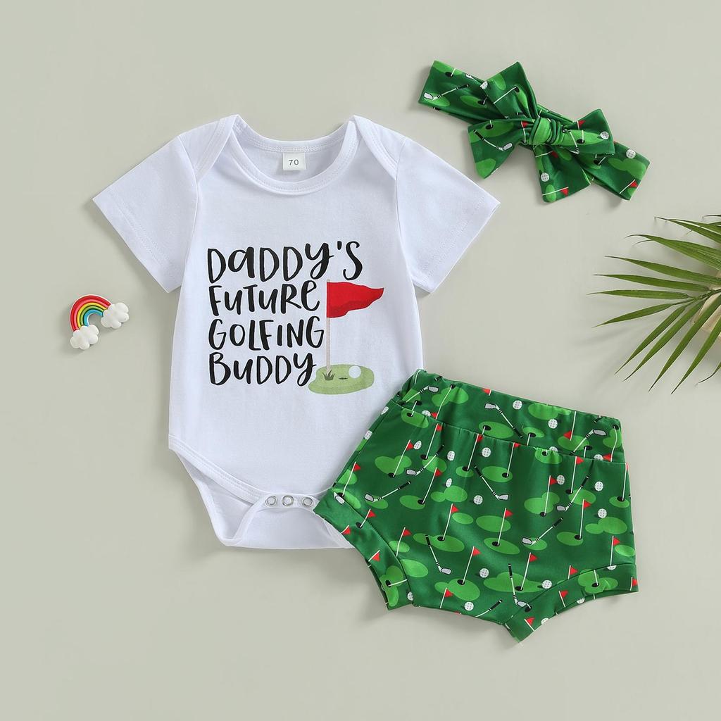 Baby Boys Clothes Suits Letter Print Short Sleeve Crew Neck Romper Golf Print Shorts Headband 3Pcs Set