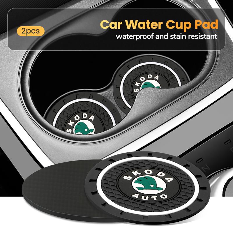 WMZW4 2pcs Carbon fiber Car Coasters Non-Slip Pad Water Cup Drink Mat For Skoda Octavia A5 A2 VRS Vision Kodiaq Rapid Fabia VII Superb