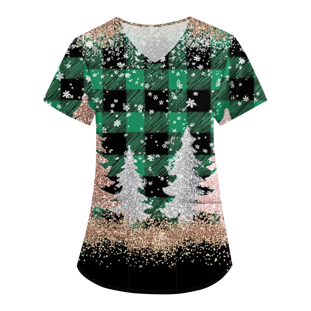 Women's Fashion V-Neck Short Sleeve Overalls With Pockets Christmas Printed Tops  Clothes