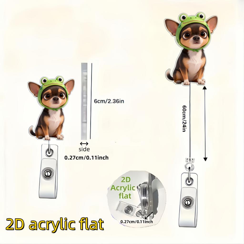 2D Flat Acrylic Dog With Frog Hat Flower Retractable Badge Reel,Nylon Cord Easy Open ID Clip,Gift For Nurses Doctors Students Medical Office Staff