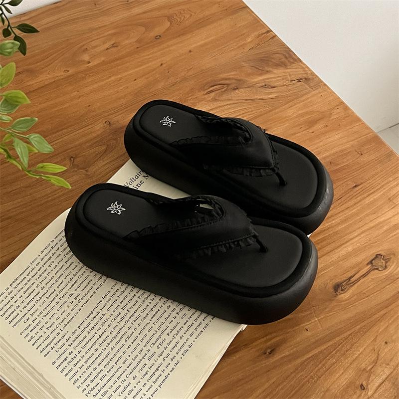 

Thick-soled heightening tassel denim sandals women s summer 2025 new toe flip-flops fashion women s shoes 35 чёрный