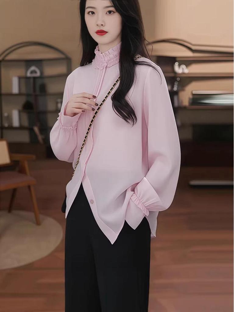 2026 Spring/Summer Ruffled Lace Stand Collar Pink Long Sleeve Shirt