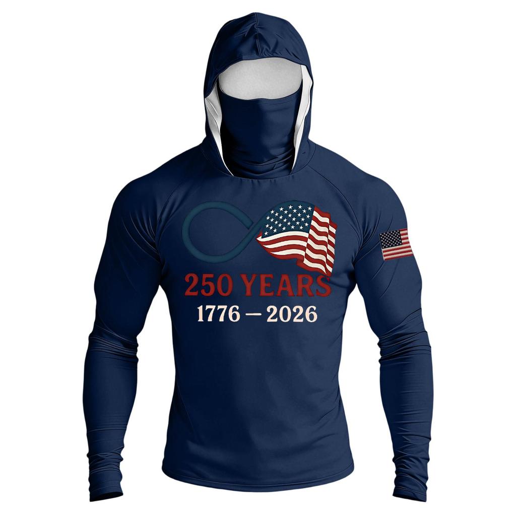 Men's Raglan Sleeve Hooded Long Sleeve Sun Top with Printed Front and Sleeve Design for Outdoor Activities