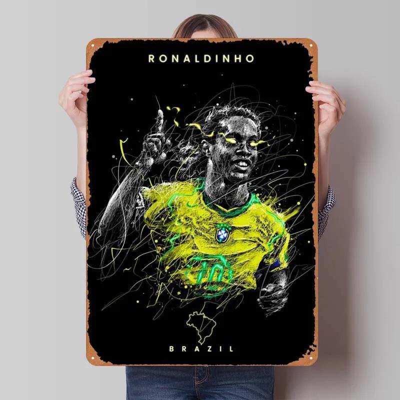 Ronaldinho Sign Sportposter Metallväggkonst av Muraler Vintage Metallplåtskylt Plakett för Väggkonstdekoration Mank Cave Retro Hem