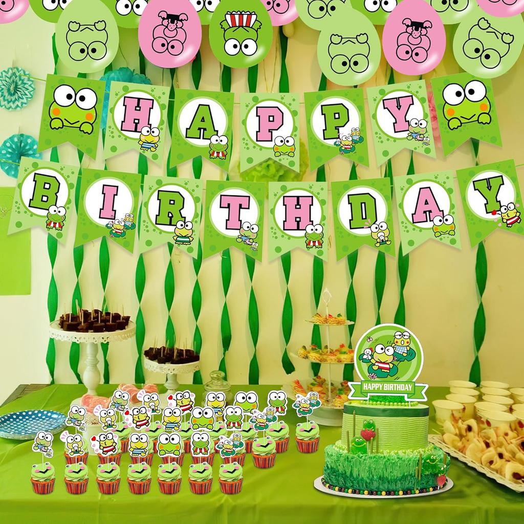 The Frog of Keroppi Birthday Party Decorations, Cartoon Big-Eyed Frog Theme Birthday Supplies set with Happy Birthday Banner,Cake Toppers,Balloons
