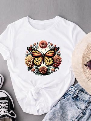 (Asian Size) Lovely Butterfly 90s Clothing Fashion Print Short Sleeve T-shirts T Female Casual Women's Top Graphic Tee