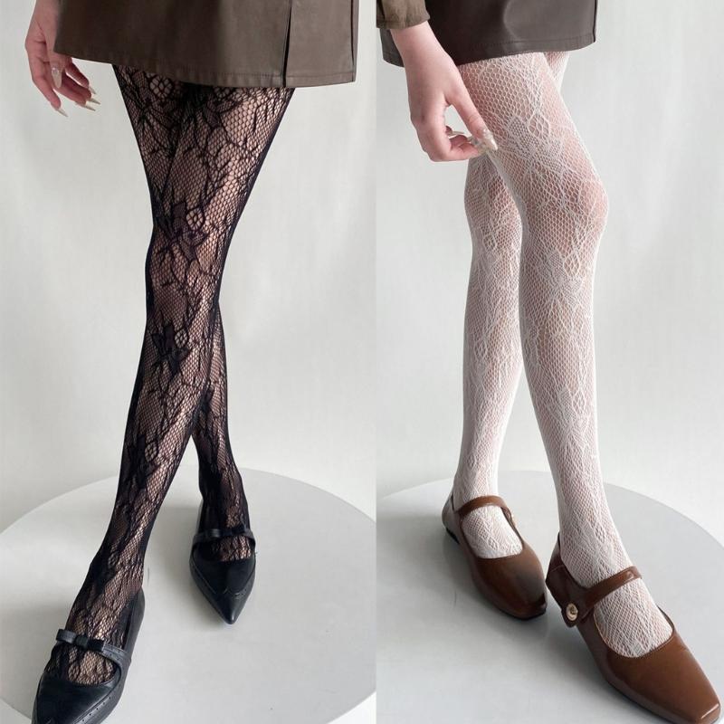 Womens Japanese JK Vintage Flower Jacquard Fishnet Tights Stockings Sexy Hollowed Out Lace Sheer Pantyhose Leggings